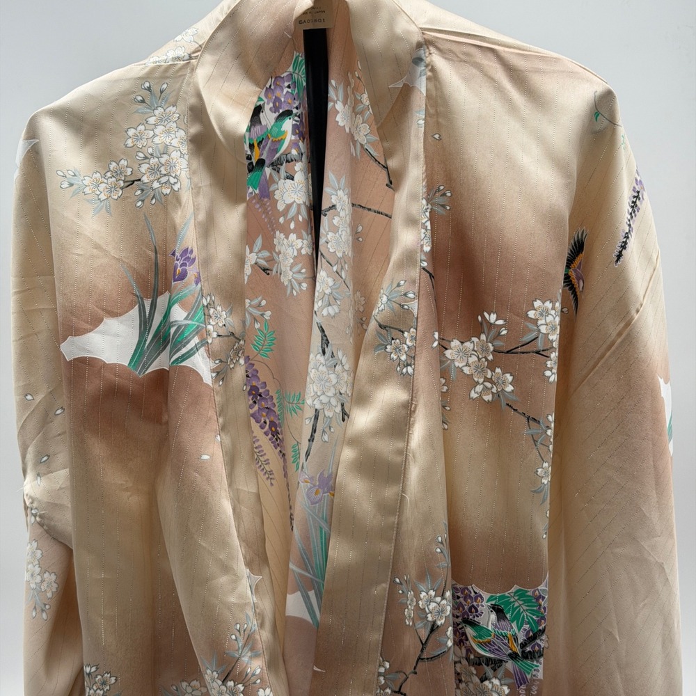 Vtg Japan Kimono Robe Champagne Gold Floral Bird Print Metallic Stripe CA05601